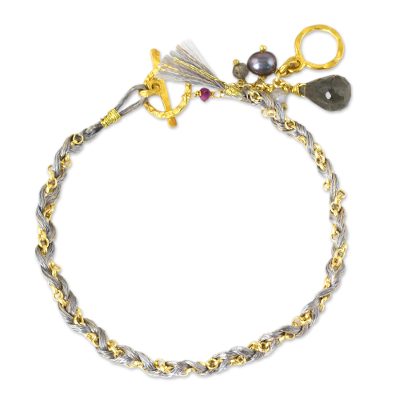 Gold plated multi-gemstone braided bracelet, 'Grey is for Balance' - Gold Plated Multi Gem Braided Bracelet from Thailand