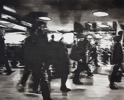 'The Way III' (2014) - Unique Thailand Train Station Painting in Greys