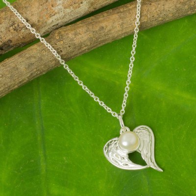 Cultured pearl heart necklace, 'Angelic Love' - Winged Heart Sterling Silver and Pearl Pendant Necklace