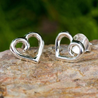 Sterling silver heart earrings, 'Love Promise' - Heart Button Earrings Sterling Silver Artisan Jewelry