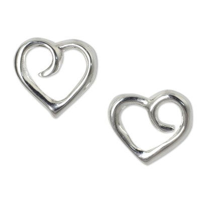 Sterling silver heart earrings, 'Love Promise' - Heart Button Earrings Sterling Silver Artisan Jewelry
