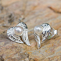 Cultured pearl heart earrings, 'Angelic Love' - Winged Heart Sterling Silver and Pearl Button Earrings
