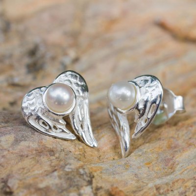 Cultured pearl heart earrings, 'Angelic Love' - Winged Heart Sterling Silver and Pearl Button Earrings