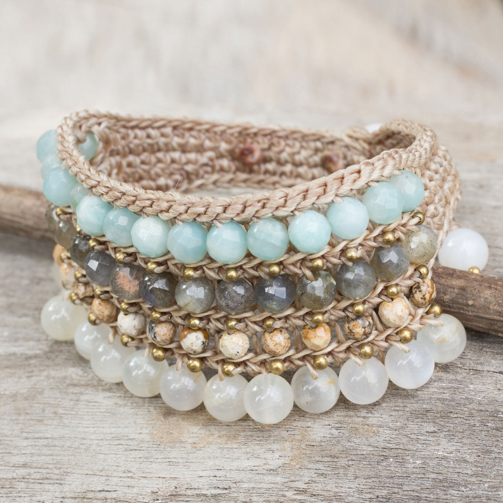 Multi Gemstone Crocheted Wristband Bracelet from Thailand - Sukhothai ...