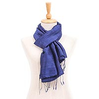 Silk blend scarf, 'Sapphire Night' - Hand Woven Blue Thai Silk and Cotton Scarf