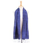 Silk blend scarf, 'Sapphire Night' - Hand Woven Blue Thai Silk and Rayon Scarf
