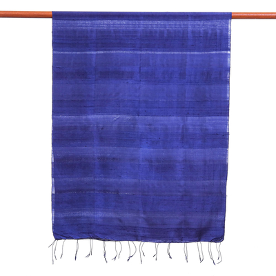 Silk and cotton scarf, 'Sapphire Night' - Hand Woven Blue Thai Silk and Cotton Scarf