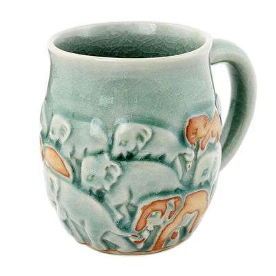 Celadon ceramic mug, 'Light Blue Elephant Herd' - Glazed Celadon Ceramic 10 oz Mug with Brown Accents