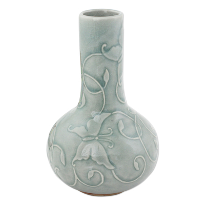Thai Garden Theme Glazed Celadon Vase Crafted by Hand