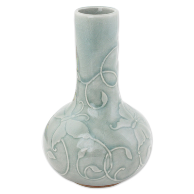 Celadon vase, 'Light Blue Butterflies' - Thai Garden Theme Glazed Celadon Vase Crafted by Hand
