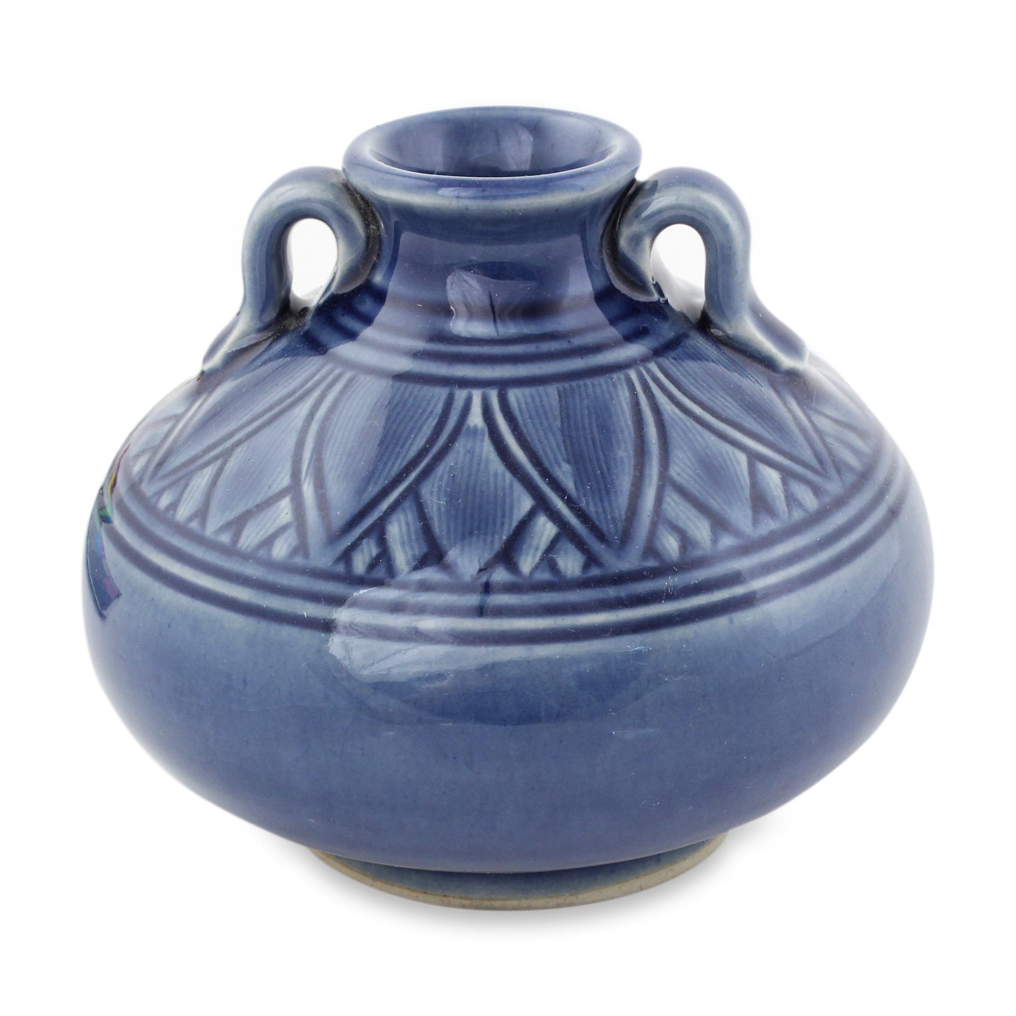 Dark Blue Classic Thai Celadon Ceramic Vase Sawankhalok Sapphire