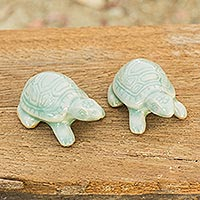 Celadon ceramic figurines, Sky Blue Resilient Turtles (pair)