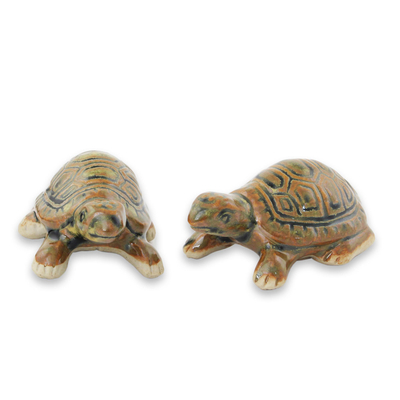 Thai Ceramic Turtle Figurines in Brown-Green (Pair)