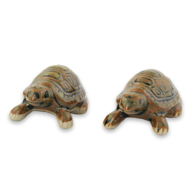 Figuritas de cerámica, (par) - Figuras de tortugas de cerámica tailandesa en marrón-verde (par)