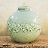 Celadon ceramic vase, 'Jade Elephant Parade' - Round Celadon Ceramic Elephant Vase with Glazed Finish