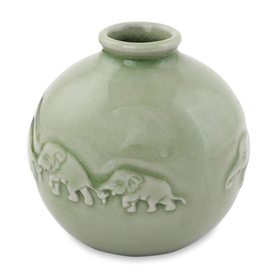 Celadon ceramic vase, 'Jade Elephant Parade' - Round Celadon Ceramic Elephant Vase with Glazed Finish