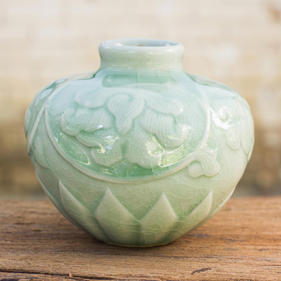 Celadon ceramic petite vase 'Voluptuous Lotus' - Thai Hand Crafted Petite Celadon Ceramic Vase