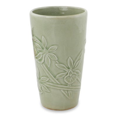 Celadon ceramic mug, 'Green Orchid' - Light Green Celadon Ceramic Artisan Crafted Orchid Mug