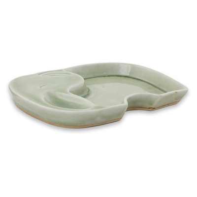 Celadon ceramic plate, 'Happy Green Elephant' - Whimsical Elephant Theme Handmade Celadon Plate
