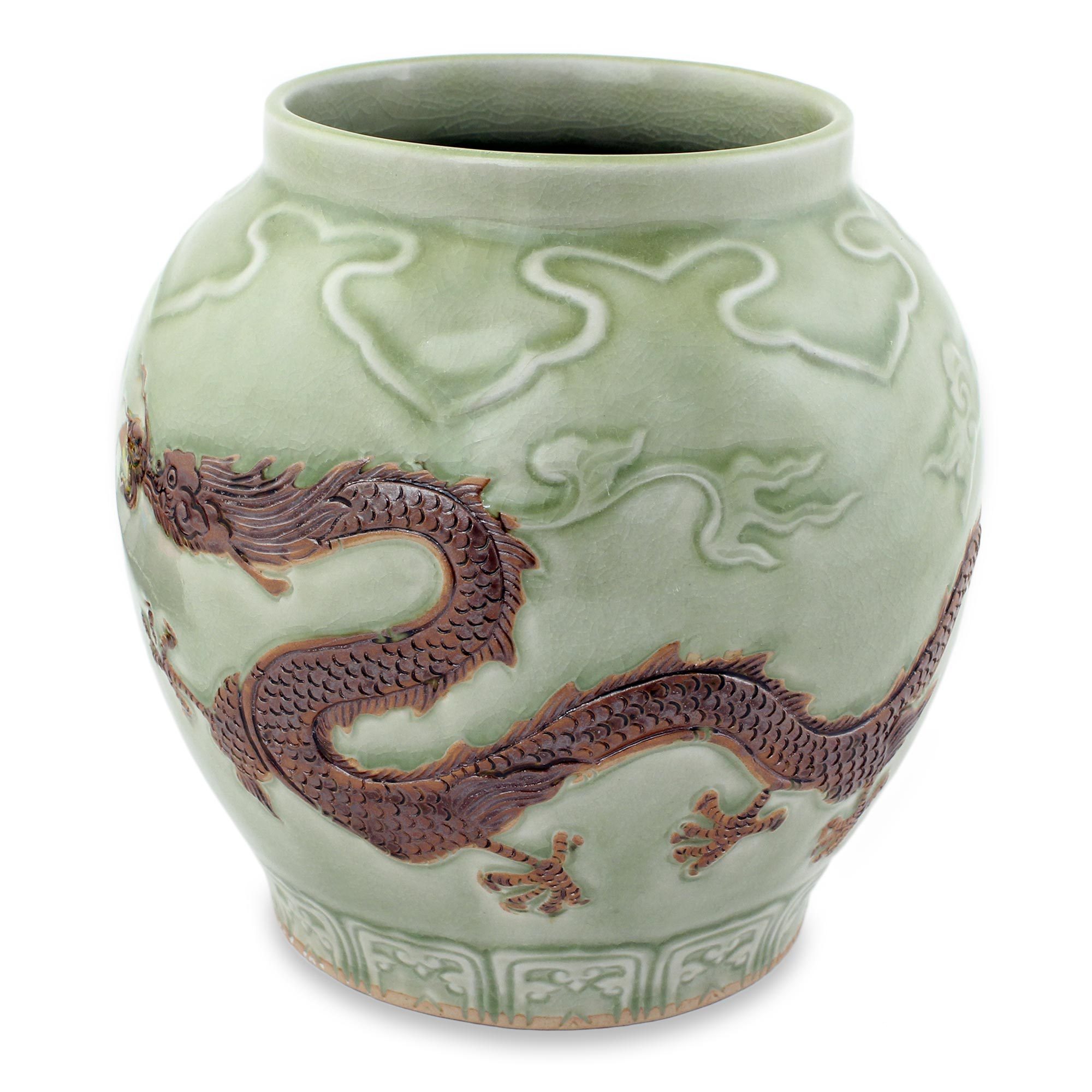 Dragon Theme Green Celadon Ceramic Vase Dragon Rising NOVICA