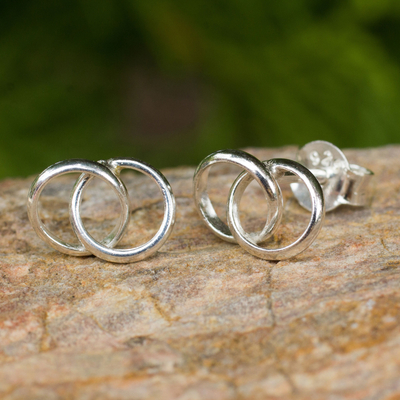 Sterling silver button earrings, 'Lifelong Love' - Handcrafted Thai Sterling Silver Wedding Ring Earrings