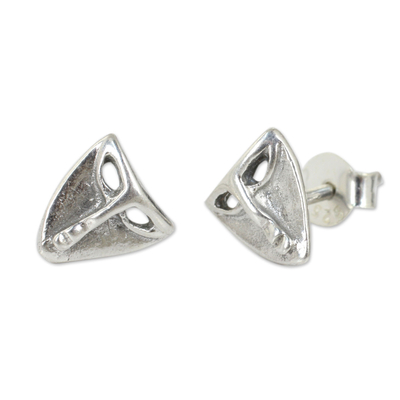Sterling silver button earrings, 'Modern Mask' - Sterling Silver Theater Mask Button Earrings from Thailand