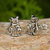 Sterling silver button earrings, Contented Kittens