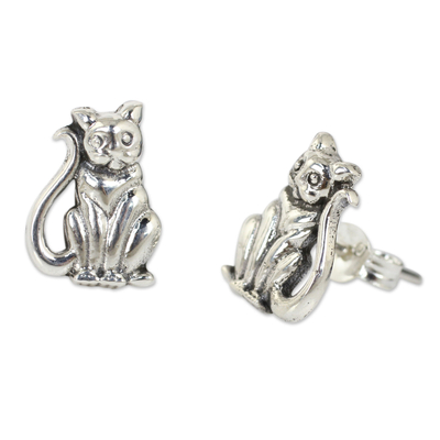 Sterling silver button earrings, 'Contented Kittens' - Cat Theme Hand Crafted Sterling Silver Button Earrings