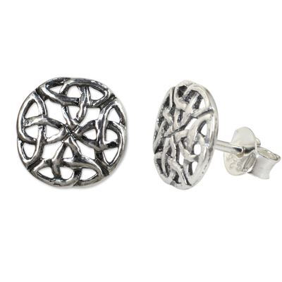 Sterling silver button earrings, 'Intertwined' - Fair Trade Thai Sterling Silver Button Earrings