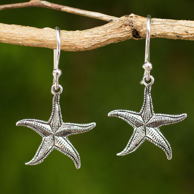 Sterling silver dangle earrings, 'Starfish' - Artisan Crafted Sea Theme Silver Hook Earrings from Thailand