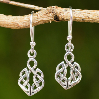 Sterling silver dangle earrings, 'Celtic Dara Knot' - Hand Crafted Thai Celtic Oak Root Theme Silver Earrings