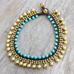 Brass and calcite anklet, 'Blue Bells' - Brass Anklet with Blue Calcite and Jingling Bells