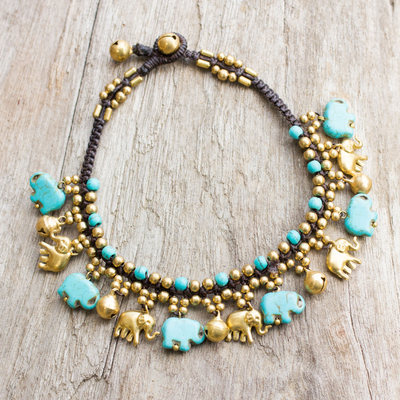 Brass and calcite anklet, 'Elephant Parade' - Brass Elephant Anklet with Blue Calcite and Jingling Bells