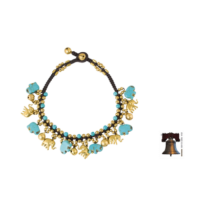 Brass and calcite anklet, 'Elephant Parade' - Brass Elephant Anklet with Blue Calcite and Jingling Bells