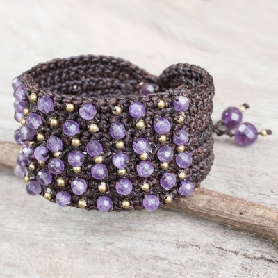 Amethyst wristband bracelet, 'Life in Pai' - Hand Crocheted Brown Wristband with Amethyst and Brass