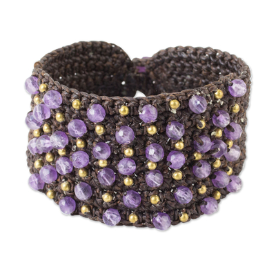 Hand Crocheted Brown Wristband with Amethyst and Brass