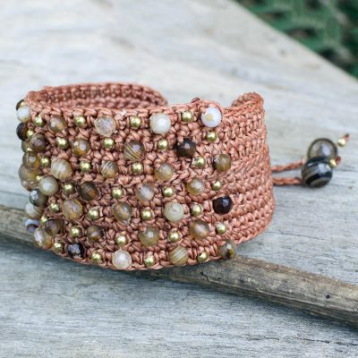 Agate wristband bracelet, 'Pai Earth' - Thai Hand Crocheted Brown Bracelet with Agate and Brass