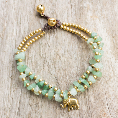 Brass and quartz beaded bracelet, 'Green Elephant' - Green Quartz Beaded Elephant Charm Bracelet from Thailand