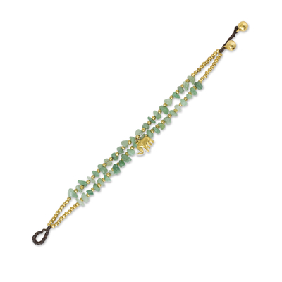 Brass and quartz beaded bracelet, 'Green Elephant' - Green Quartz Beaded Elephant Charm Bracelet from Thailand
