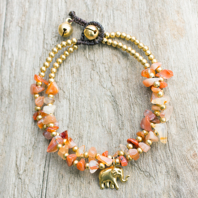 Brass and carnelian beaded bracelet, 'Bright Elephant' - Carnelian and Brass Beaded Elephant Bracelet from Thailand