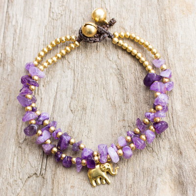 Brass and quartz beaded bracelet, 'Violet Elephant' - Thai Purple Quartz Beaded Elephant Charm Bracelet