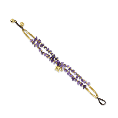 Brass and quartz beaded bracelet, 'Violet Elephant' - Thai Purple Quartz Beaded Elephant Charm Bracelet