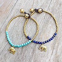 Lapis lazuli beaded bracelets, 'Stylish Elephants' (pair)