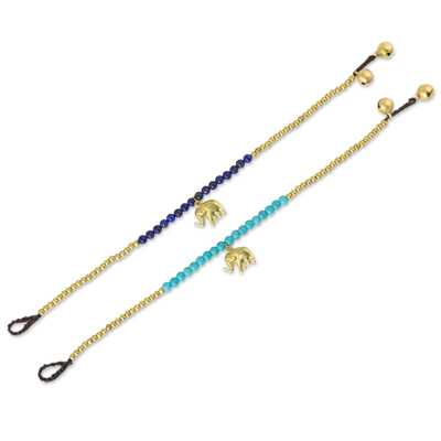 Lapis lazuli beaded bracelets, 'Stylish Elephants' (pair) - Brass Beaded Bracelets with Lapis Lazuli and Calcite (Pair)