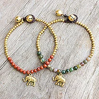 Jasper beaded bracelets, 'Stylish Elephants' (pair) - Jasper and Elephant Charm on Pair of Brass Beaded Bracelets