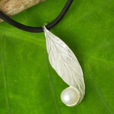 Cultured pearl pendant necklace, 'Splendid Beauty' - White Pearl on Sterling Silver and Silk Necklace