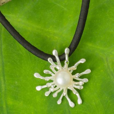 Cultured pearl pendant necklace, 'Coral Star' - White Pearl on Sterling Silver and Black Silk Necklace