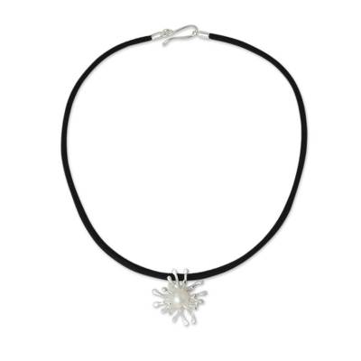 Cultured pearl pendant necklace, 'Coral Star' - White Pearl on Sterling Silver and Black Silk Necklace