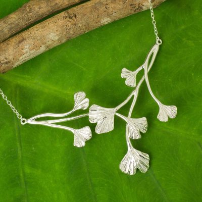 Sterling silver pendant necklace, 'Pretty Ginkgo' - Leaf Pendant on Sterling Silver Necklace from Thailand
