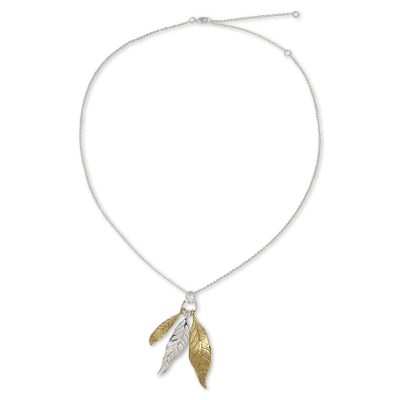 Gold plated pendant necklace, 'Pomegranate Protection' - Sterling Silver and Gold Plated Leaf Pendant Necklace